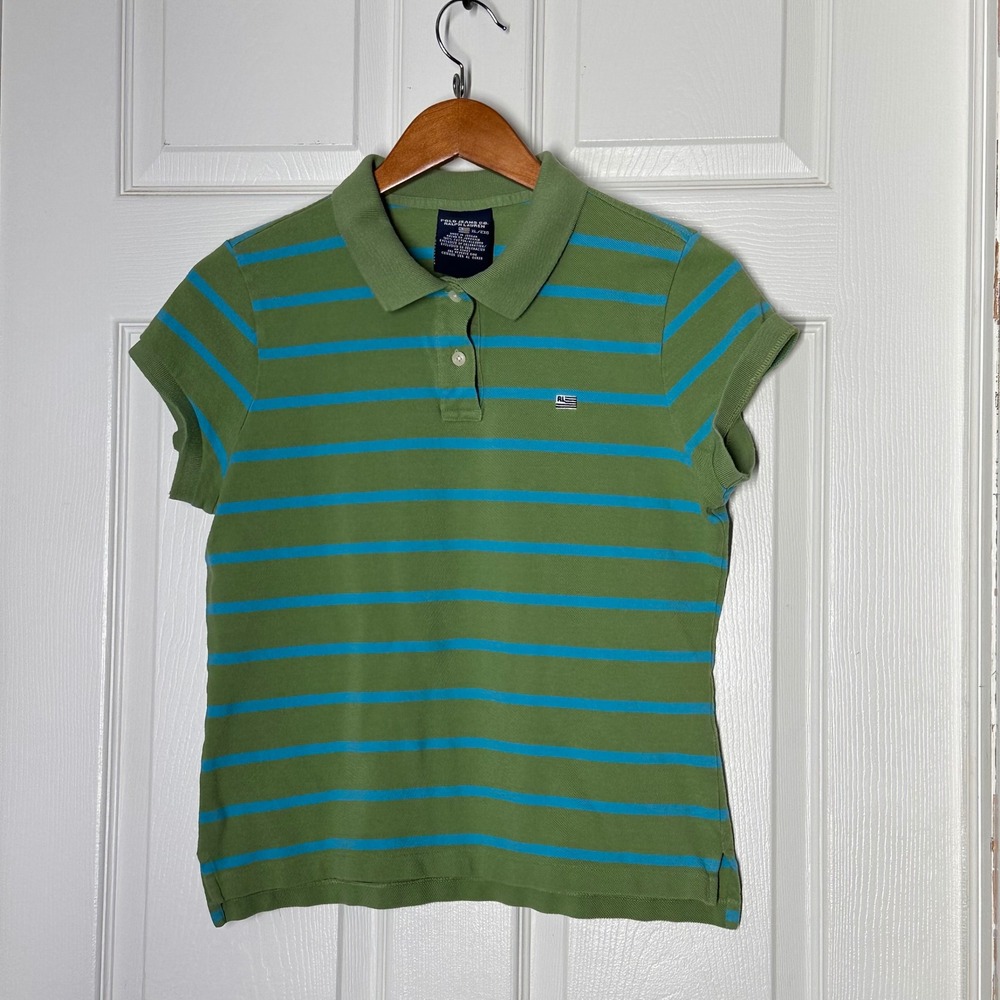 Polo Jeans Co Ralph Lauren Girls XL Green Blue Striped Short Sleeve‎ Polo Shirt